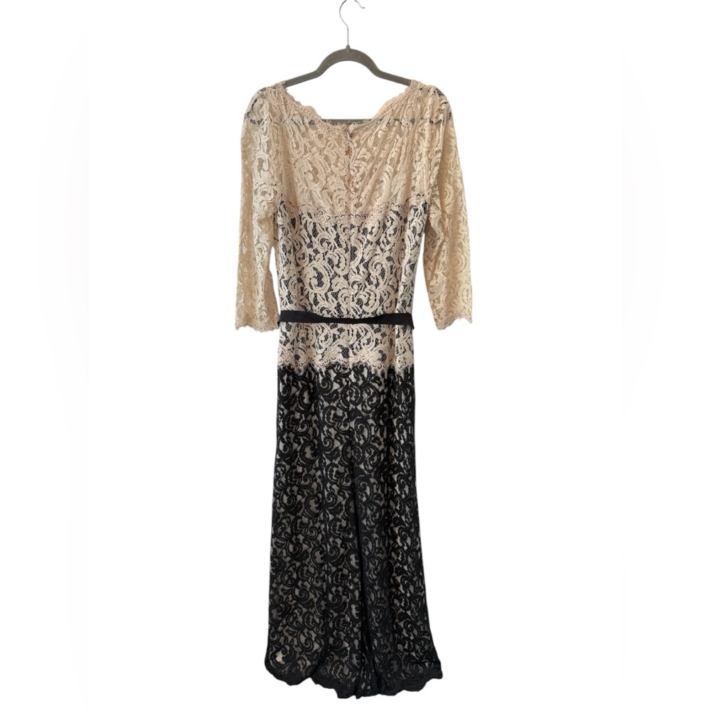 Tadashi Shoji Navy White Boatneck 3/4 Sleeve Lace Belted Black tie Gown 14 - Picture 6 of 13